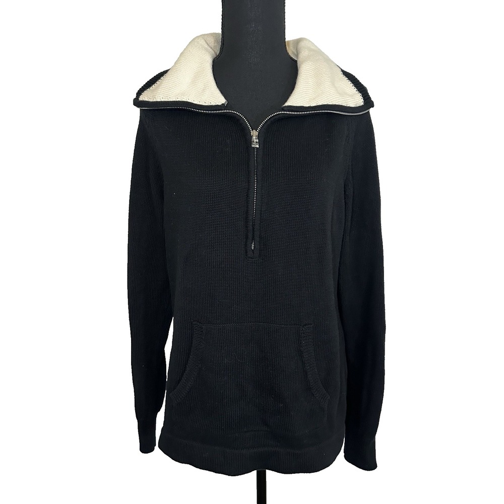 Lauren Ralph Lauren Women XL Half Zip Black‎ Knit Ivory Collar Sweater Preppy